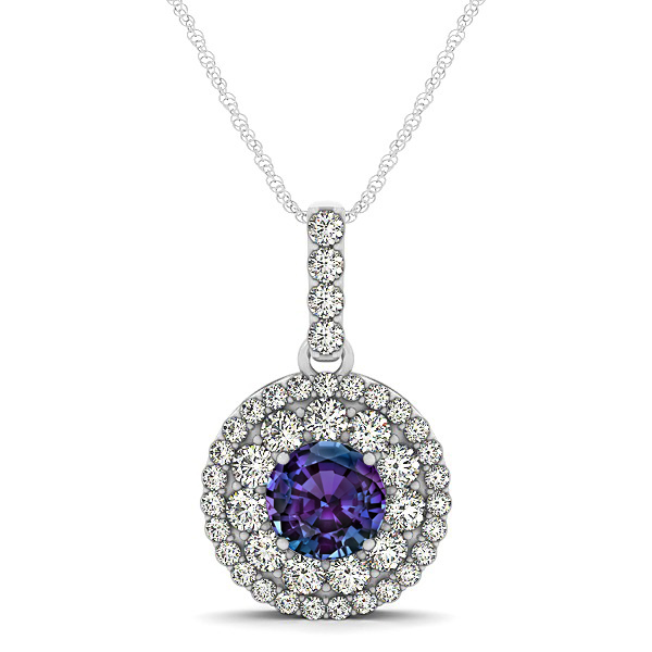 Round Alexandrite Necklace with Twin Halo Pendant
