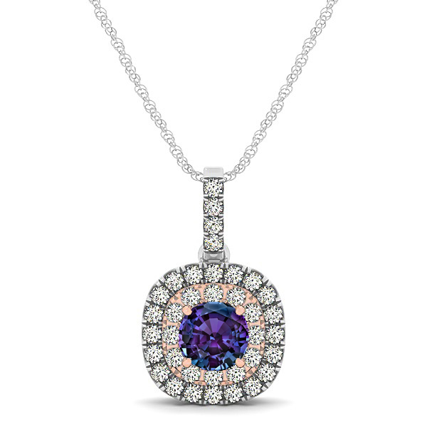 Cushion Shaped Halo Necklace with Round Alexandrite Pendant
