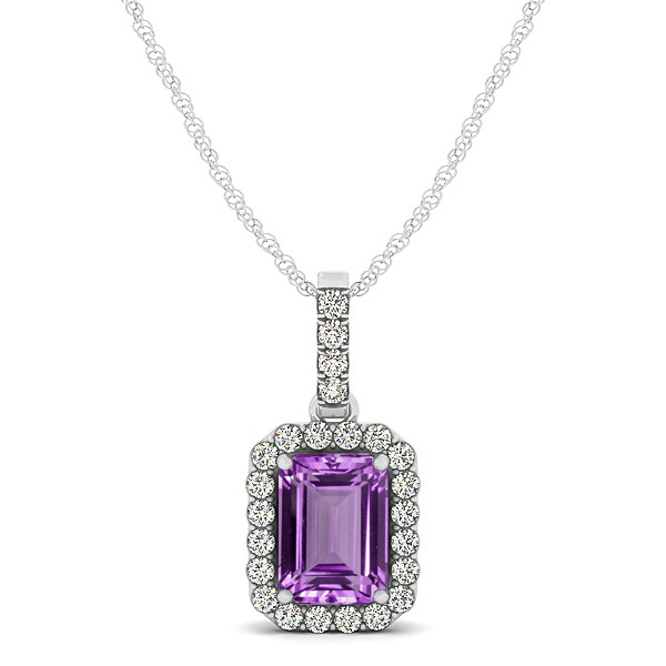 Classic Emerald Cut Amethyst Necklace with Halo Pendant