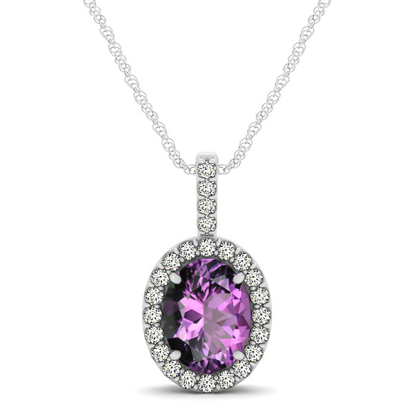 Classic Drop Halo Necklace with Oval AAA Amethyst Pendant