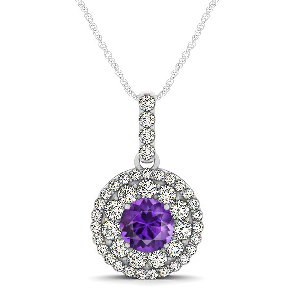 Round Amethyst Necklace with Twin Halo Pendant