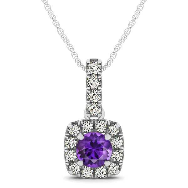 Peculiar Halo Side Stone Round Amethyst Drop Necklace
