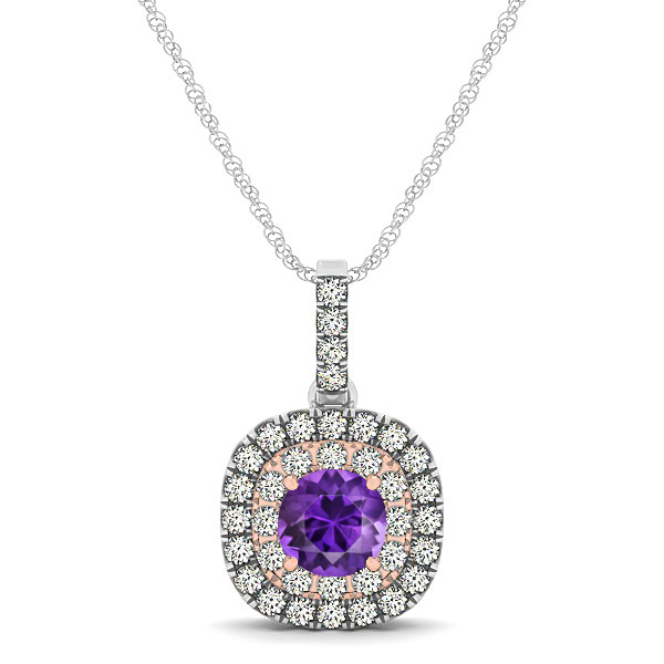 Cushion Shaped Halo Necklace with Round Amethyst Pendant