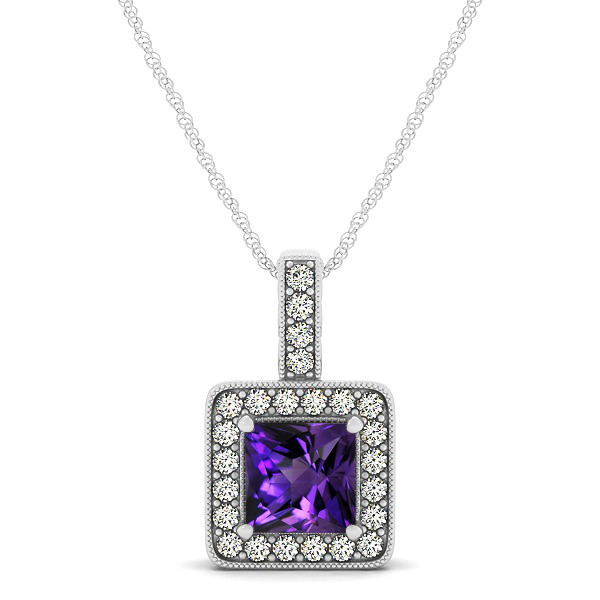 Square Amethyst Halo Necklace in Gold or Sterling Silver