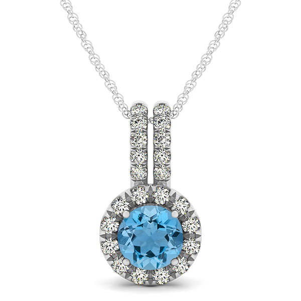 Luxury Halo Drop Necklace with Round Cut Aquamarine Gemstone