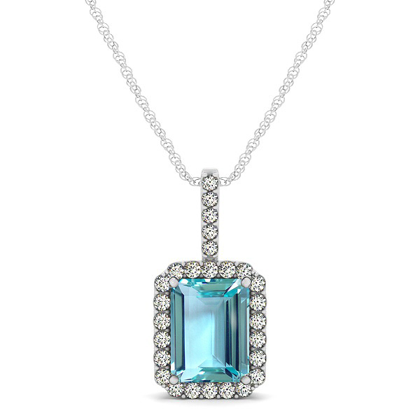 Halo Emerald Cut Aquamarine Necklace Classic Design
