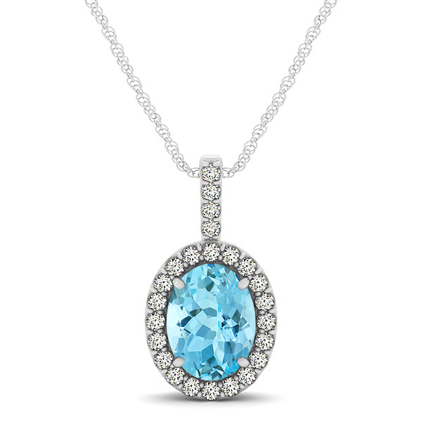 Classic Drop Halo Necklace with Oval AAA Aquamarine Pendant