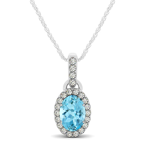 Lovely Halo Oval Aquamarine Necklace in Gold, Silver or Platinum