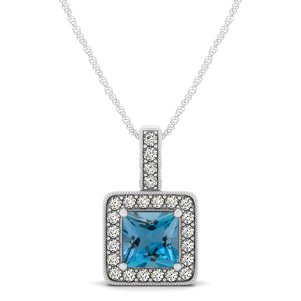 Square Aquamarine Halo Necklace in Gold or Sterling Silver