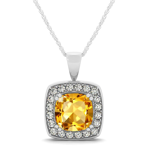 Attractive Gold Yellow Cushion Citrine Halo Necklace