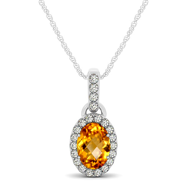 Lovely Halo Oval Citrine Necklace in Gold, Silver or Platinum