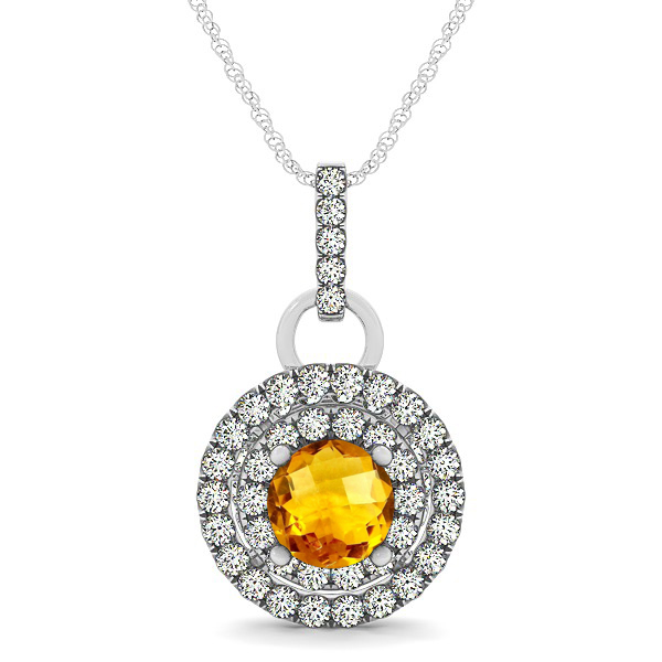 Royal Dual Halo Citrine Necklace with Circle Pendant