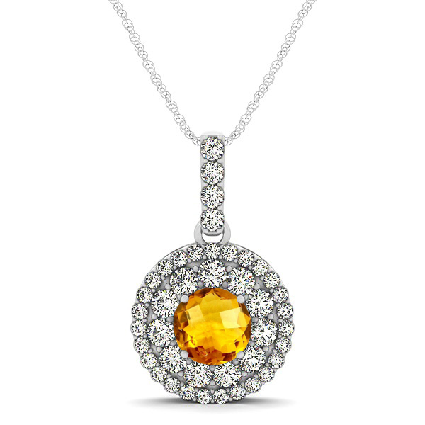 Round Citrine Necklace with Twin Halo Pendant
