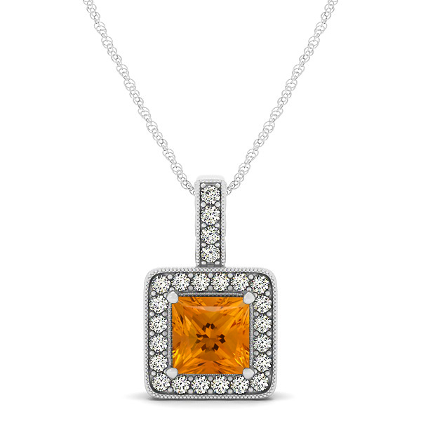 Square Citrine Halo Necklace in Gold or Sterling Silver
