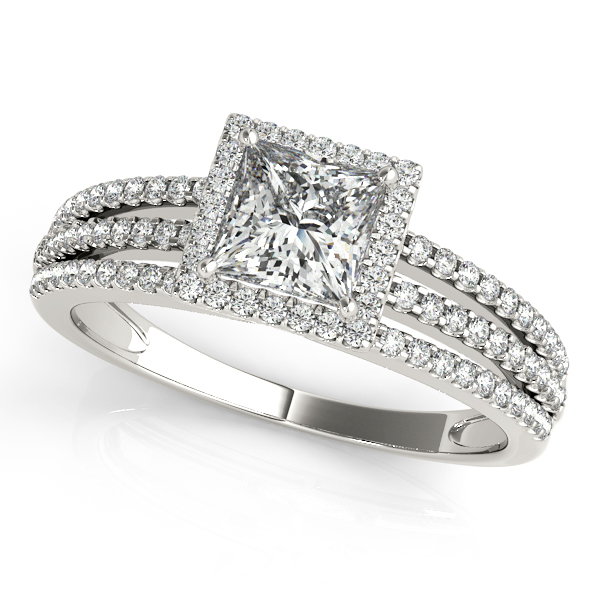 Modish Triplet Side Stone Engagement Ring with Square Halo
