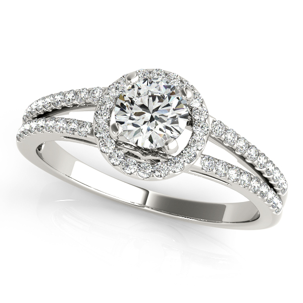 Split Shank Side Stone Engagement Ring with Beautiful Round Halo