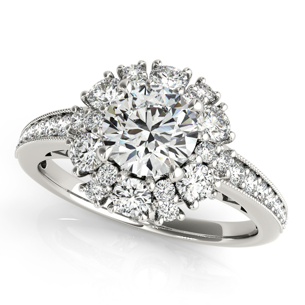 Fine Halo Engagement Ring with Unique Filigree & Prong Set Side Stones