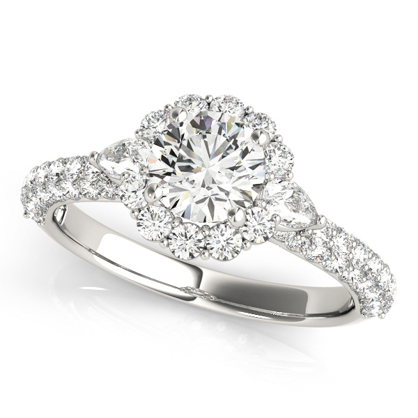 Attractive Floral Halo Engagement Ring with Pear Diamond Accents