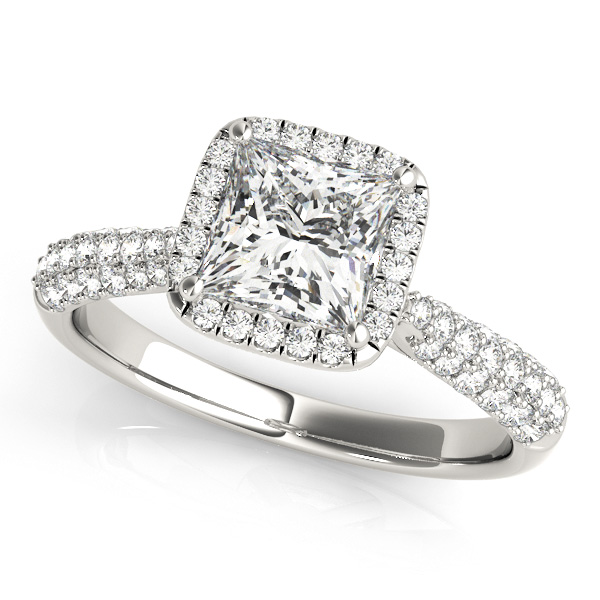 Stylish Princess Cut Halo Engagement Ring Pave Side Stones