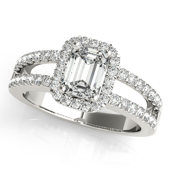 Lavish Emerald Cut Halo Engagement Ring with Split Shank