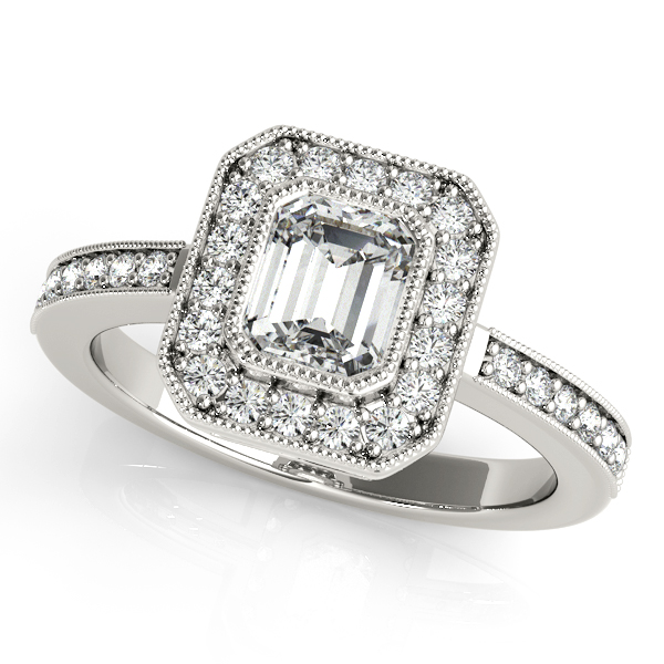 Newfangled Emerald Cut Halo Engagement Ring with Side Stones