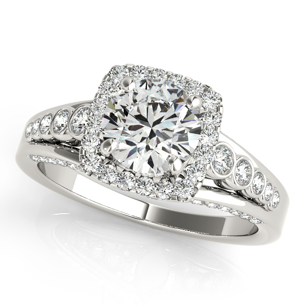 Singular Triplet Side Stone Halo Diamond Engagement Ring