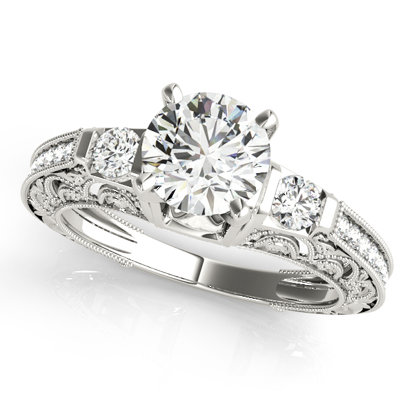 Vintage Filigree Engagement Ring Round Diamond Side Stones