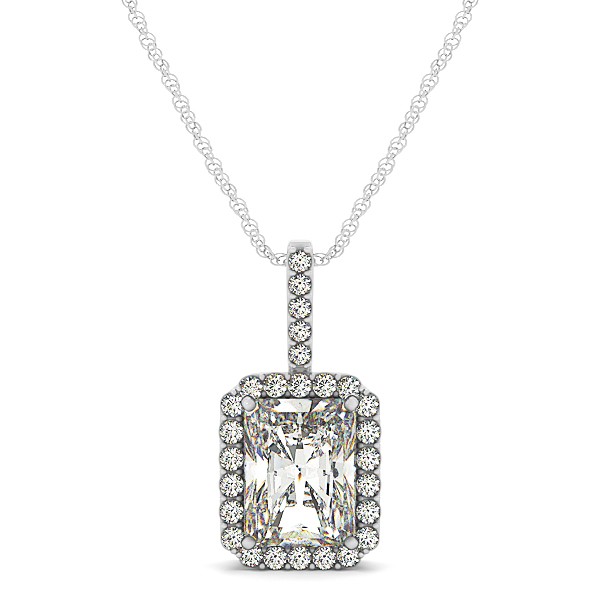 Halo Emerald Cut Diamond Necklace in White Gold