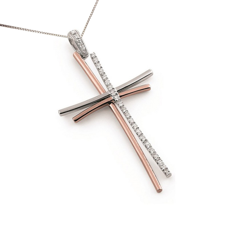 Two Tone 18K Rose Gold Diamond Cross Necklace