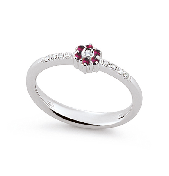 Stylish Ruby Ring Made In Italy 0.05 Ct Diamond 18K White Gold