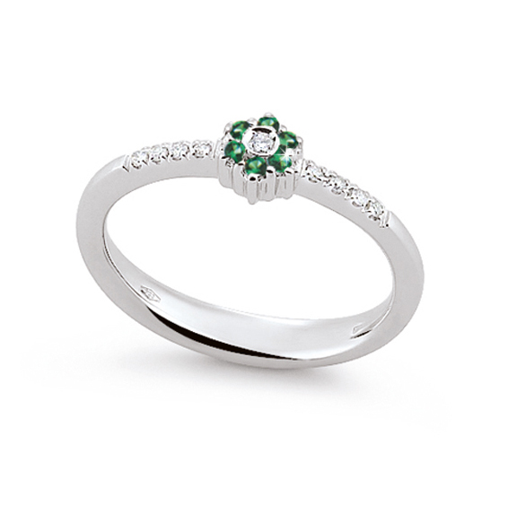 Stylish Emerald Ring Made In Italy 0.05 Ct Diamond 18K White Gold