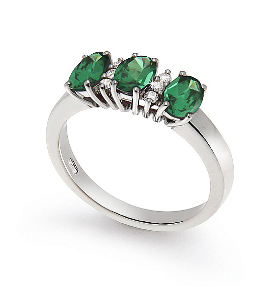 Oval Cut 1.08 Ct Emerald 3-Stone Ring 0.09 Ct Diamond 18K White Gold