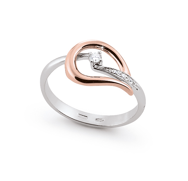 Modern Italian Two-Tone Ring 0.09 Ct Diamond 18K White And Rose Gold