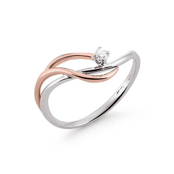 High-Class Curved Shank Italian Solitaire Ring 0.03 Ct Diamond 18K White And Rose Gold