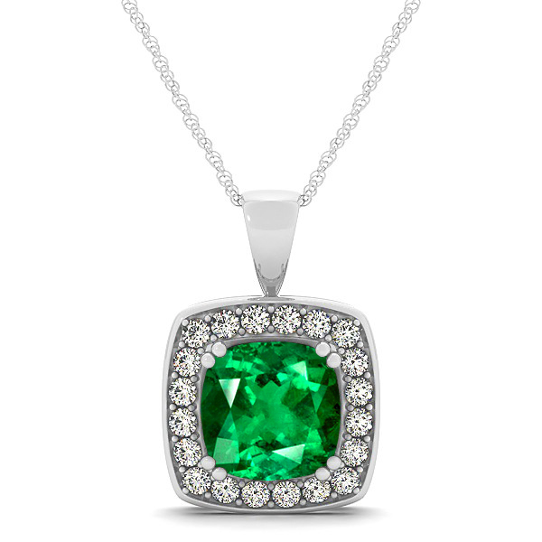 Attractive Dark Green Cushion Emerald Halo Necklace