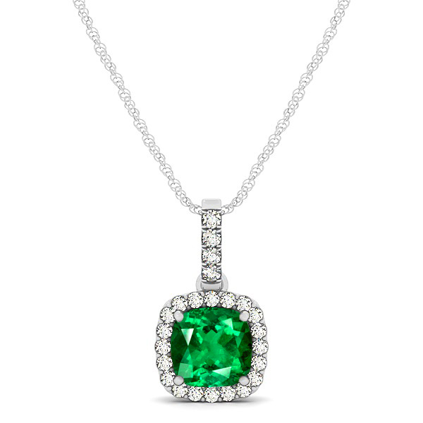 Elegant Cushion Emerald Halo Pendant Necklace
