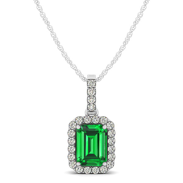 Classic Emerald Cut Emerald Necklace with Halo Pendant