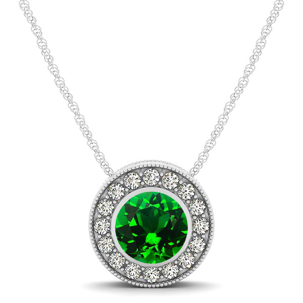 Halo Emerald Necklace with Round Pendant