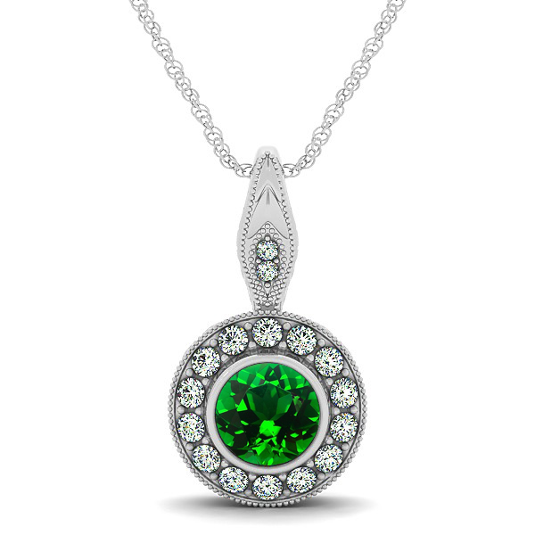 Vintage Emerald Necklace with Round Halo Circle Pendant