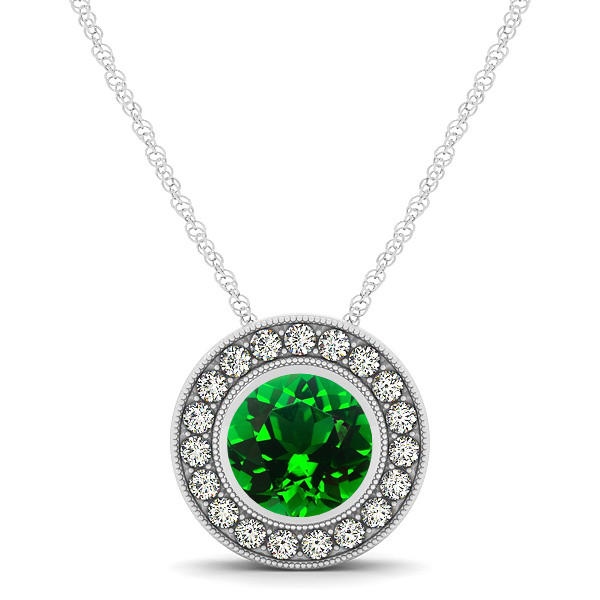 Classy Halo Necklace with Round Cut Emerald Pendant