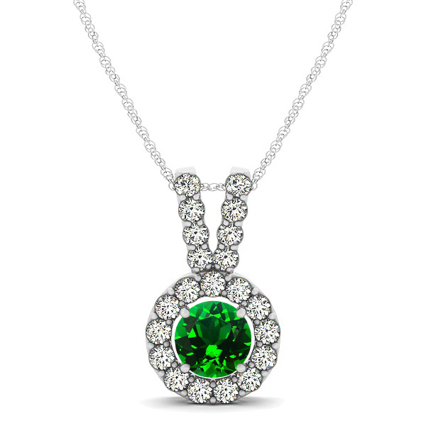 Classique V Neck Halo Necklace with Round Cut Emerald