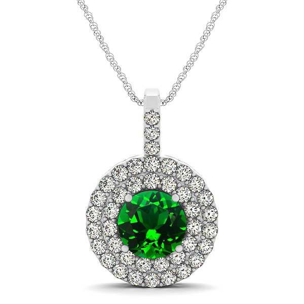 Designer Circle Double Halo Emerald Necklace