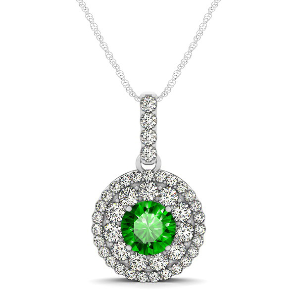 Round Emerald Necklace with Twin Halo Pendant