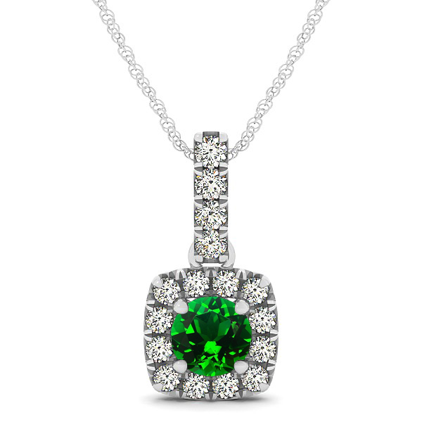 Peculiar Halo Side Stone Round Emerald Drop Necklace
