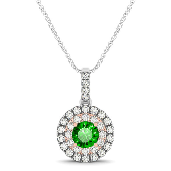 Dual Halo Round Emerald Pendant Necklace