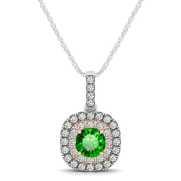 Cushion Shaped Halo Necklace with Round Emerald Pendant