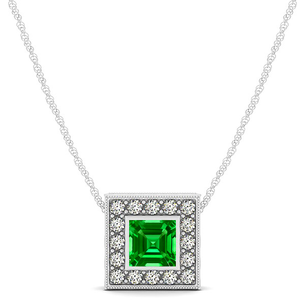 Vintage Square Emerald Halo Necklace