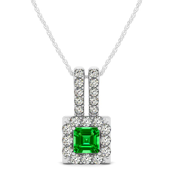 Contemporary Square Halo Necklace Princess Cut Emerald