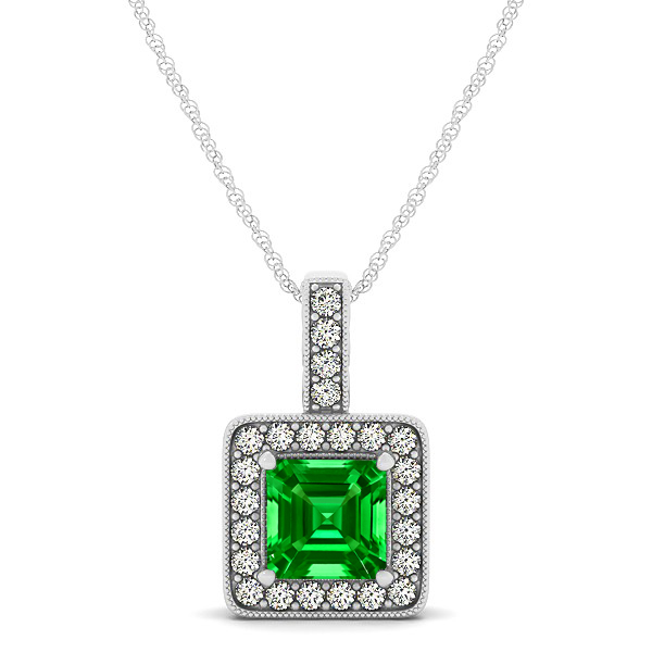 Square Emerald Halo Necklace in Gold or Sterling Silver