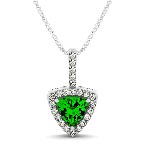 Beautiful Trillion Cut Emerald Halo Necklace